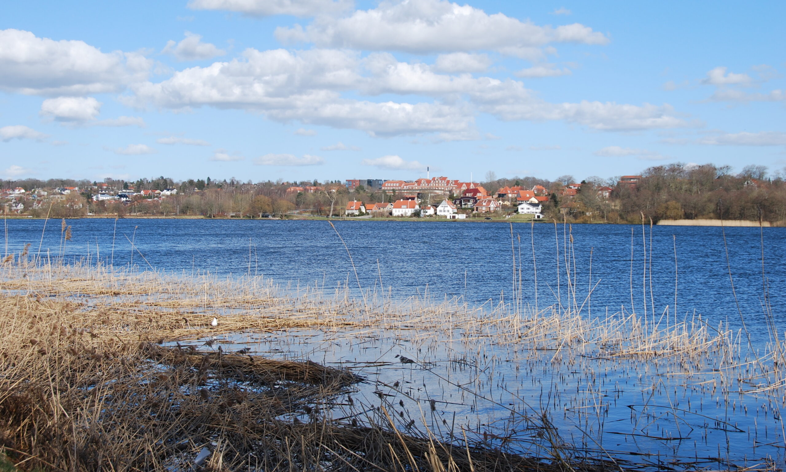 Morgensol over S&oslash;ndersø i Viborg med promenade langs vandet